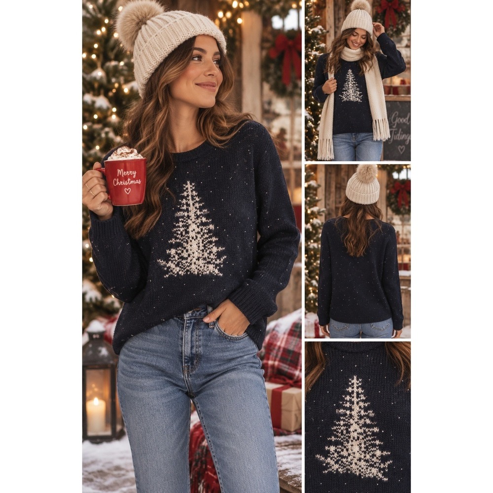 J. Jill Navy Blue Wool Blend Christmas Tree Rhinestone Holiday Sweater Sz Large